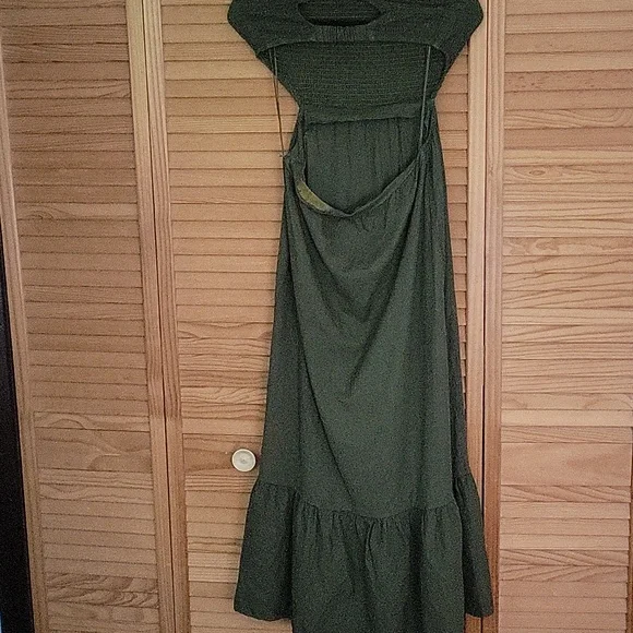 Zara Olive Green Linen Blend Strapless Shoulder Smocked Midi Dress Size M Boho - Picture 4 of 12